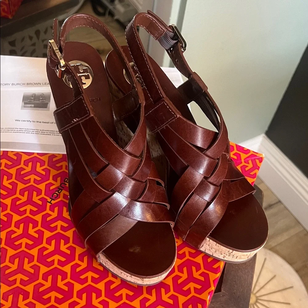 🛑 1 hour sale. Tory Burch, size 8, Sienna Chocolate Brown Cork Wedges, EUC - Picture 13 of 14